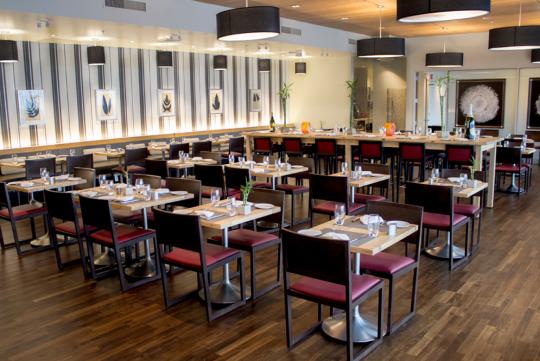 interior restaurant space with campus views