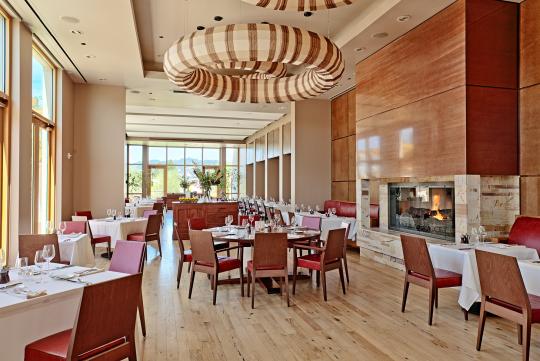 elegant interior dining space with fireplace