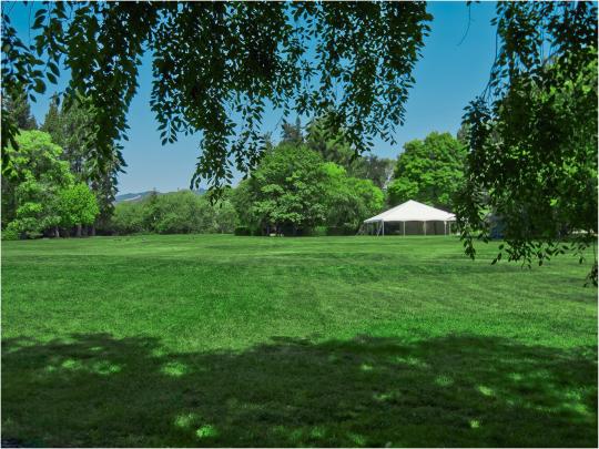 a green lawn with a white event tent