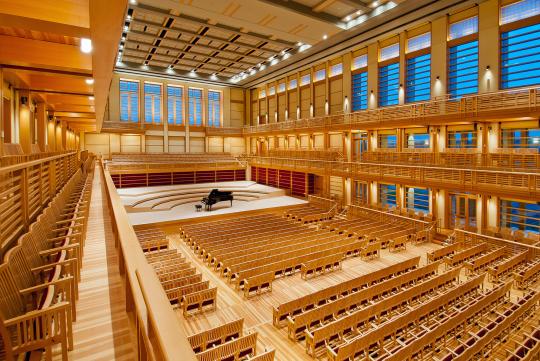 weill hall with wood paneled interior space with high ceilings