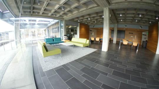 open-concept Wine Spectator Learning Center lobby and patio